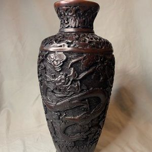 Vintage Chinese Black Cinnabar 9" Dragon Vase